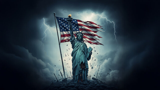 Cracked Statue of Liberty with damaged crown against stormy American flag background representing national crisis and democratic decline