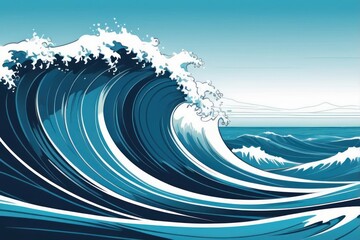 Dramatic vector illustration of a powerful ocean wave curling under a clear sky, capturing the majestic force of nature
