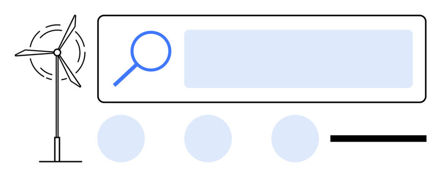 Search bar with magnifying glass, a wind turbine, and circular shapes. Ideal for sustainability, renewable energy, eco-friendly search, environmental research, clean technology, green apps simple