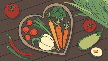 Vegetable Arrangement in a Heart-Shaped Dish on Wooden Background.