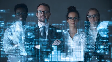 Diverse team of confident professionals superimposed over glowing tech city, symbolizing innovation, collaboration, and future progress.