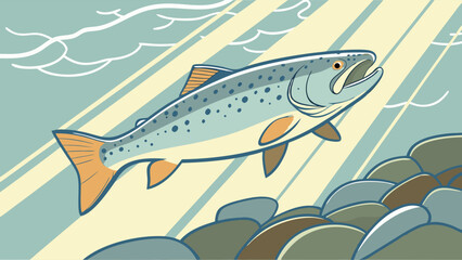 Stylized Trout Fish in River Underwater Scene Aquatic Life Illustration Fishing Theme Design.