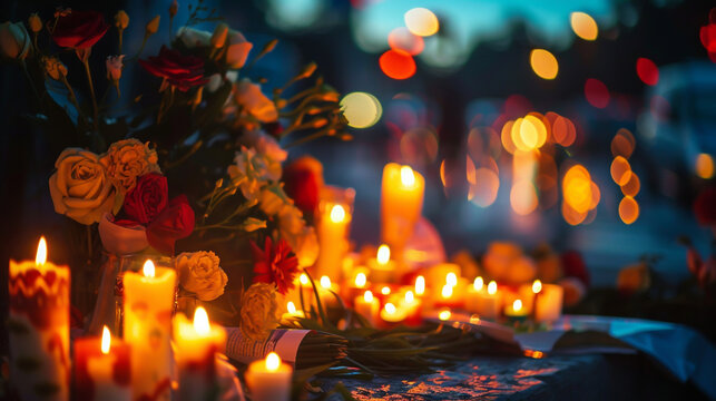 World Day of Remembrance for Road Traffic Victims candlelight vigil, memorial flowers, somber mood