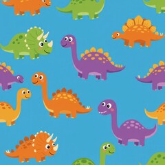 A playful seamless pattern featuring colorful and cute cartoon dinosaurs. A repeating background of prehistoric animals like triceratops for children's designs