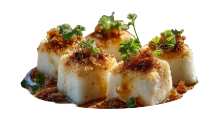 Deliciously plated dessert featuring soft, creamy texture with crispy topping and fresh herbs, showcasing culinary artistry and vibrant colors in a gourmet presentation. on a transparent background