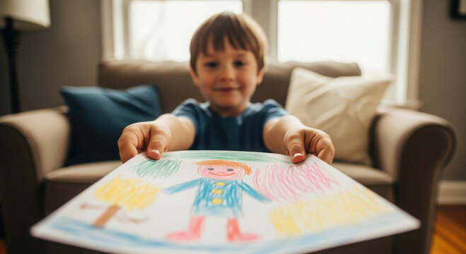 Proud young boy showing his colorful crayon drawing to the viewer.