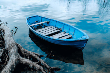 Obraz premium Old blue wooden rowboat floating on calm water near tree roots 