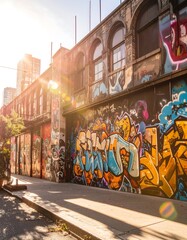 Fototapeta premium Colorful graffiti art adorns a sun-drenched urban alleyway, casting long shadows on the pavement.