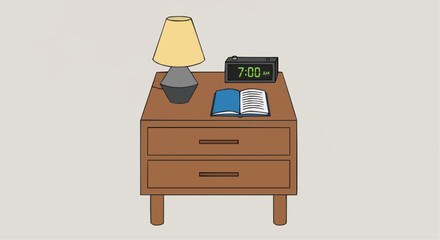 A brown nightstand with a lamp, digital alarm clock, and an open book on a light background.