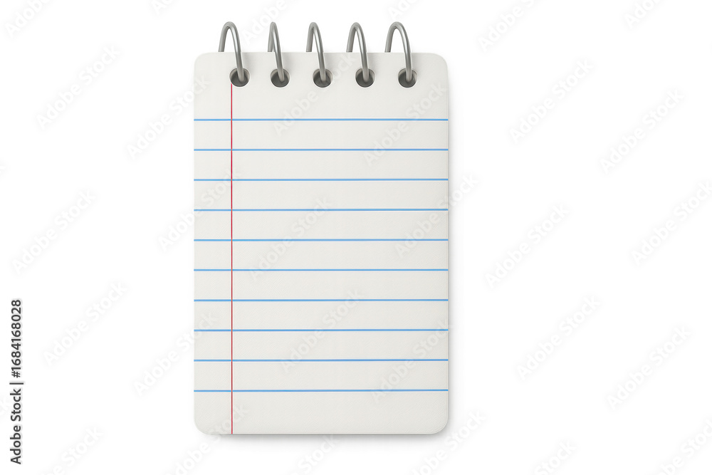 Poster notebook with metal spirals on transparent background, featuring blue and red lines, perfect for not