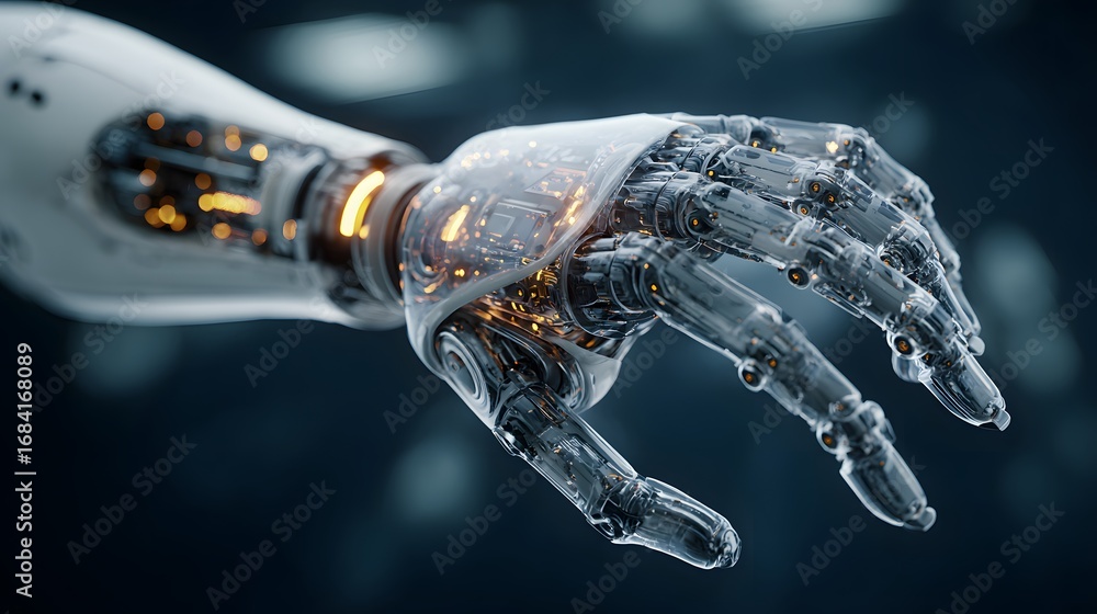 Poster a futuristic robotic hand with transparent components, showcasing intricate mechanical design and ad