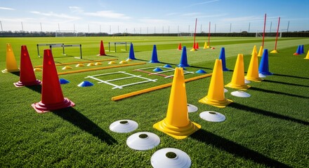 Colorful agility training course on a grassy field.  Cones, hurdles, and markers are strategically placed for soccer or other sports drills