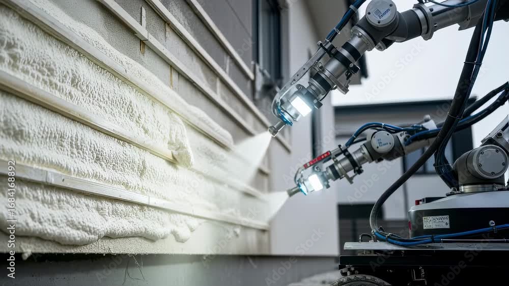 Poster footage from ground level of a robotic device methodically creating thick insulated layers on house 