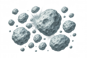 Asteroid group with one emitting bright light in space against transparent background
