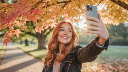 Beautiful young woman smiling and taking selfie on smartphone in sunny autumn park.