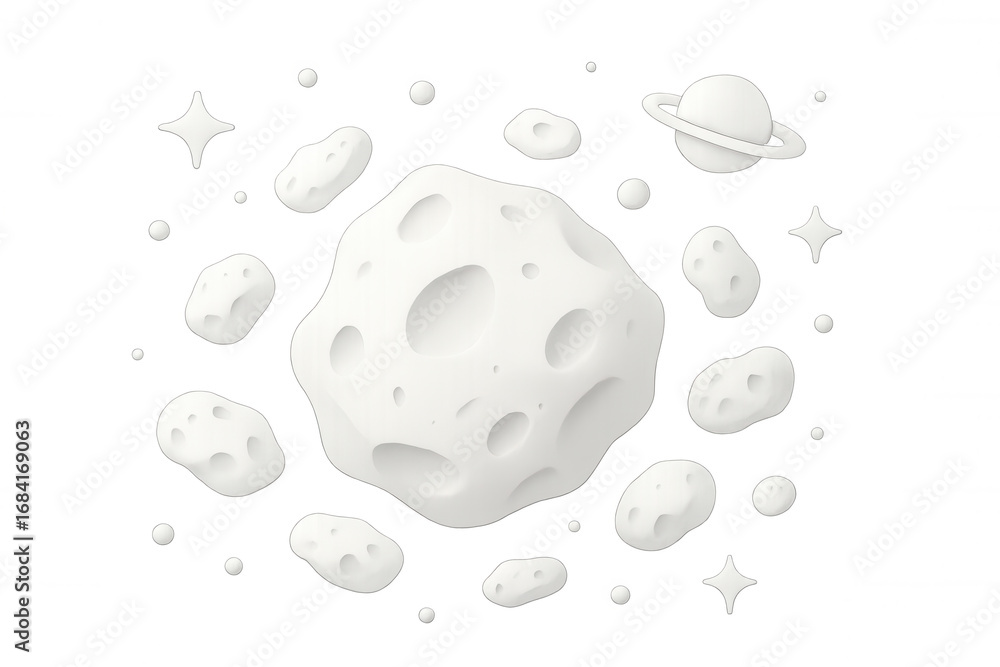 Poster 3d rendering of a white planet in a celestial backdrop with asteroids and stars, perfect for digital art projects with a transparent background
