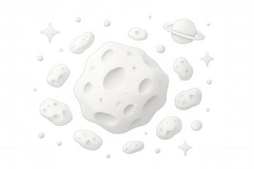 3d rendering of a white planet in a celestial backdrop with asteroids and stars, perfect for digital art projects with a transparent background