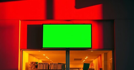Vibrant green screen display with dramatic red lighting and modern retail window