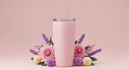 Chic pink tumbler with a glass straw and elegant flowers for a modern and fresh product display