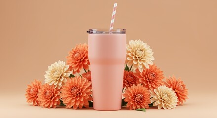 Elegant drink tumbler with vibrant dahlia blooms for refreshing lifestyle themes and sustainable hydration
