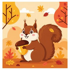 Cheerful cartoon squirrel holding a golden acorn amidst autumn leaves in fall.
