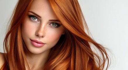 Obraz premium a beautiful woman with long, flowing red hair that is shiny and smooth, blowing in the wind