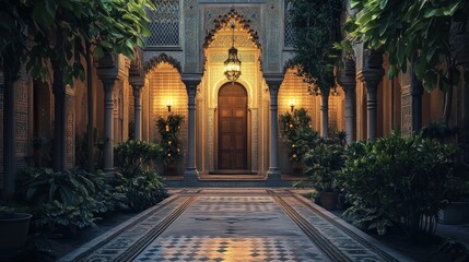 Ornate courtyard at dusk, warm light
