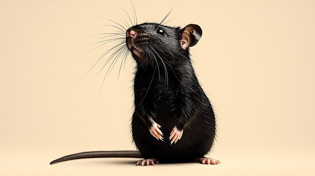 A black rat standing upright on a light beige background rodent animal