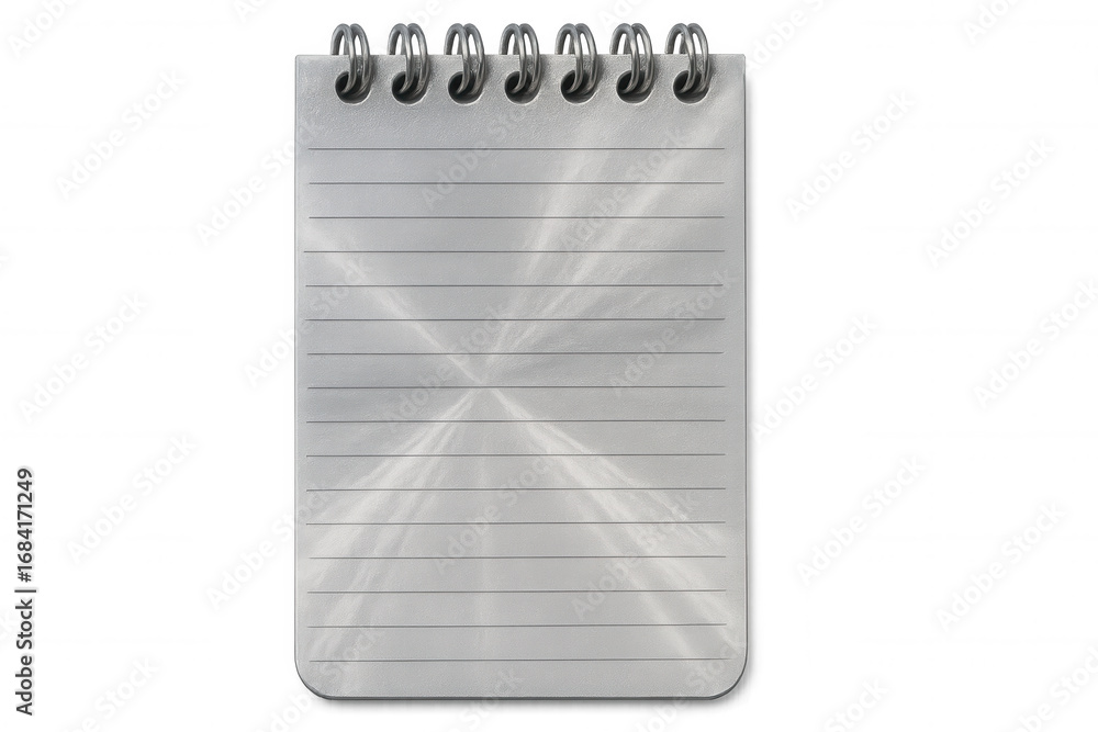 Poster metallic spiral notepad with reflective surface, gleaming against transparent backdrop, symbolizing 