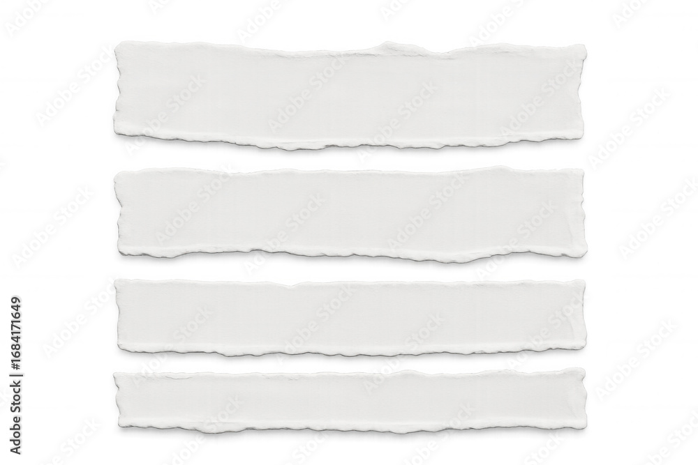 Poster white paper strips torn horizontally, creating layered texture against transparent backdrop, adding 