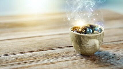 Miniature cosmic universe in coffee cup with swirling steam, fantasy visual effect, surreal art for sci-fi themed projects