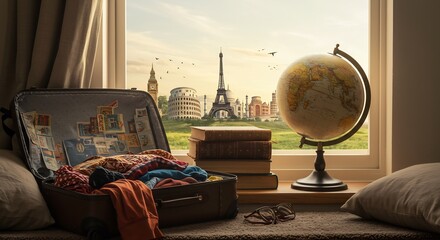 Open suitcase with iconic world landmarks view travel with wanderlust, vacation, and holiday.