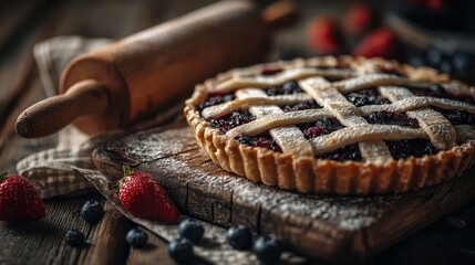 Delicious Berry Pie with Lattice Crust on Wooden Table Surface