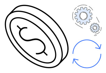 Dollar coin beside rotating gears and circular arrows indicating business workflows, automation, transactions, and renewability. Ideal for finance, economy, investment, sustainability, business