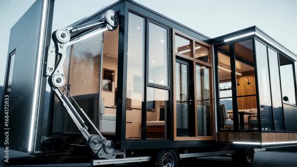 Poster dynamic unfolding sequence of a spacesaving tiny house focusing on the mechanical precision and smar