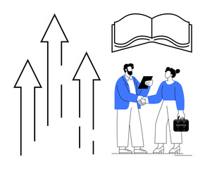 Two professionals shaking hands, open book symbolizing knowledge, upward arrows for growth. Ideal for business, partnership, career development, teamwork, leadership learning growth. Simple flat