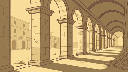Indoor illustration of colonnade with arches and stone pillars.