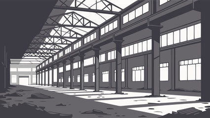 Obraz premium Abandoned Factory Interior Industrial Building Decayed Structure Post-Apocalyptic Scene Grungy Warehouse Architectural Design Steel Structure High Ceiling Large Windows Empty Space Urban Decay Indust.