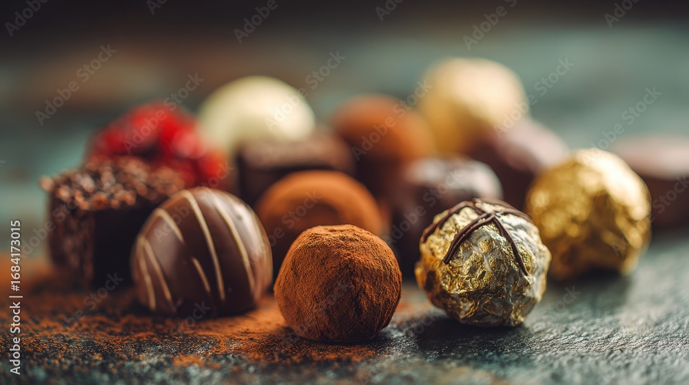 Poster medium shot of assorted luxury chocolate truffles in sharp focus with a blurred elegant display back