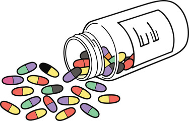 Pill Bottle with Scattered Capsules Illustration Depicting Pharmaceutical Supply and Medication Management for Health