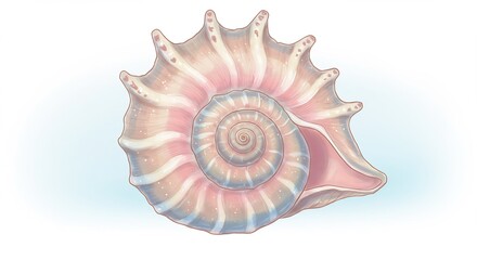 Watercolor illustration of a spiral seashell with marine life, coastal decor, and ocean.