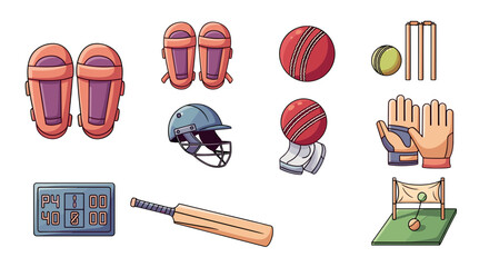 Illustration of cricket equipment and training accessories