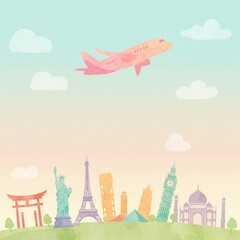Watercolor Plane Soaring Above Famous Landmarks with Travel Concept Illustration.