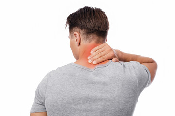 Sad tired millennial caucasian attractive male massaging sore spot and suffering from neck pain, isolated on white background, close up. Overwork, bad posture, health problems and spine, empty space