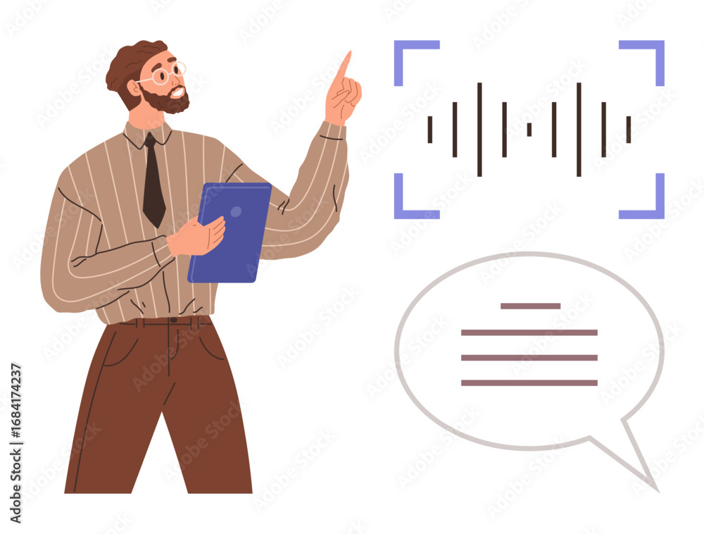 Poster man pointing at sound wave with a confident expression, holding clipboard speech bubble below. ideal