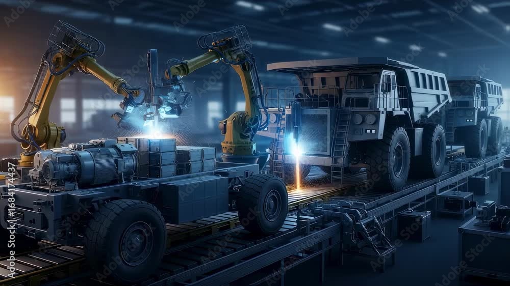 Poster deepmine equipment assembly line featuring multiple unfinished autonomous haul trucks progressing to