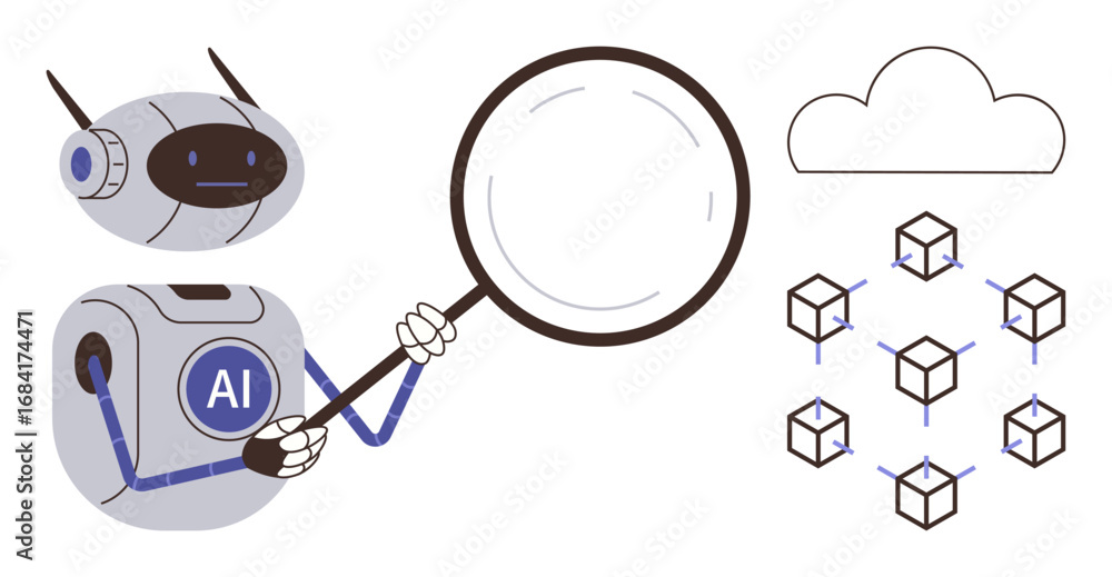 Poster robot labeled ai holding magnifying glass, studying interconnected cubes symbolizing blockchain, and