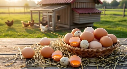 Basket of fresh eggs in a farmyard with chickens and a coop