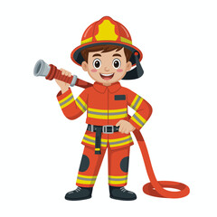 Smiling Cartoon Firefighter Holding Hose in Uniform Illustration