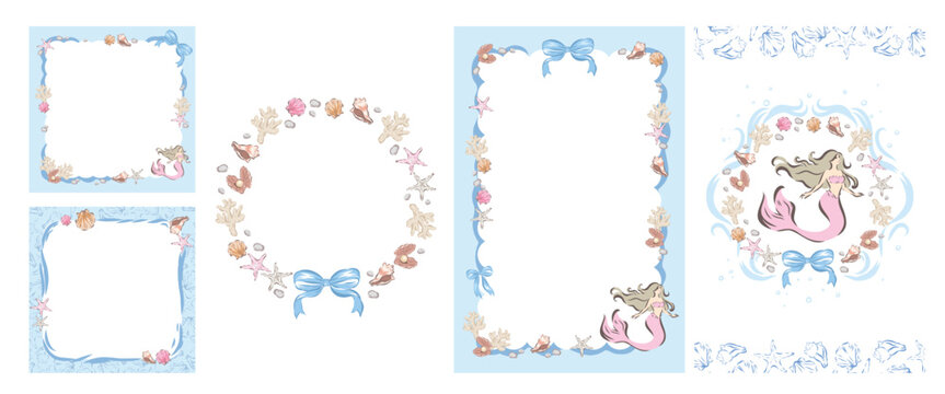 Vector frame of mermaid and shells